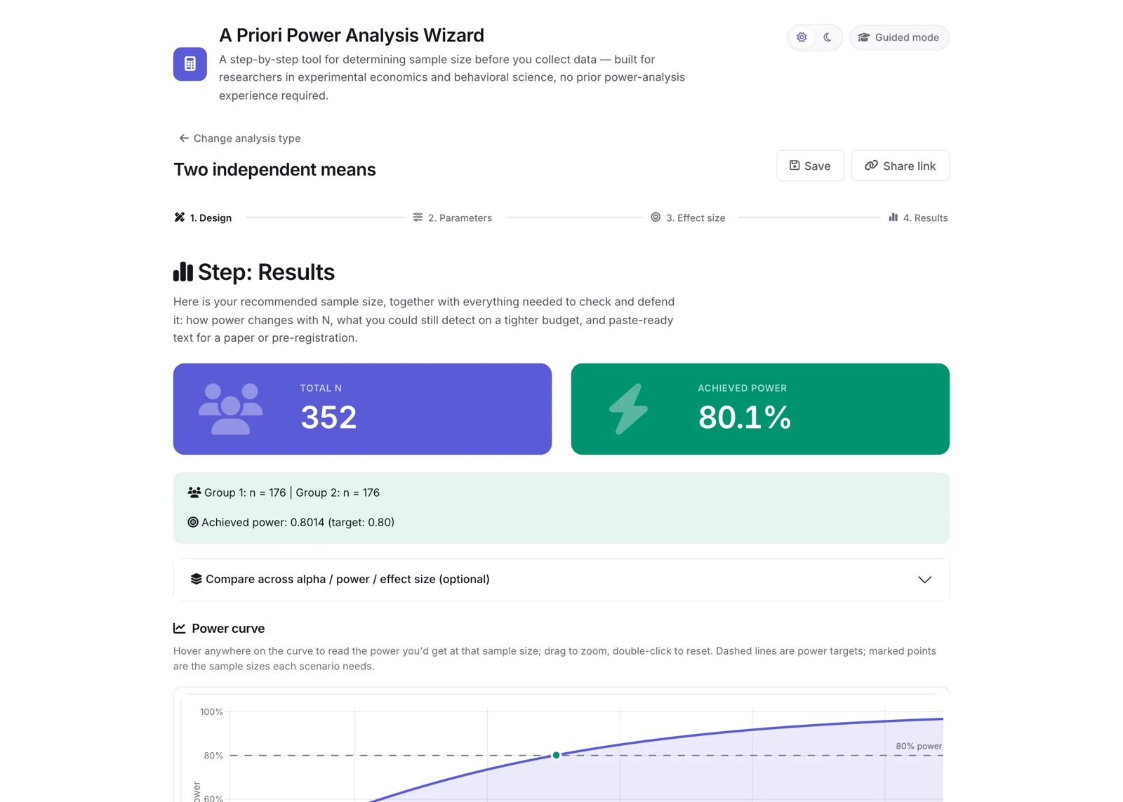 Wizard results showing a recommended sample of 352 participants, achieved power of 80.1%, and an interactive power curve.